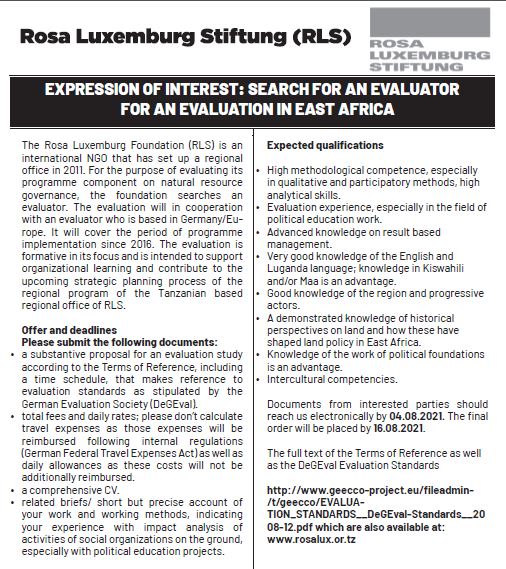 EXPRESSION OF INTEREST SEARCH FOR AN EVALUATOR FOR AN EVALUATION IN EAST AFRICA